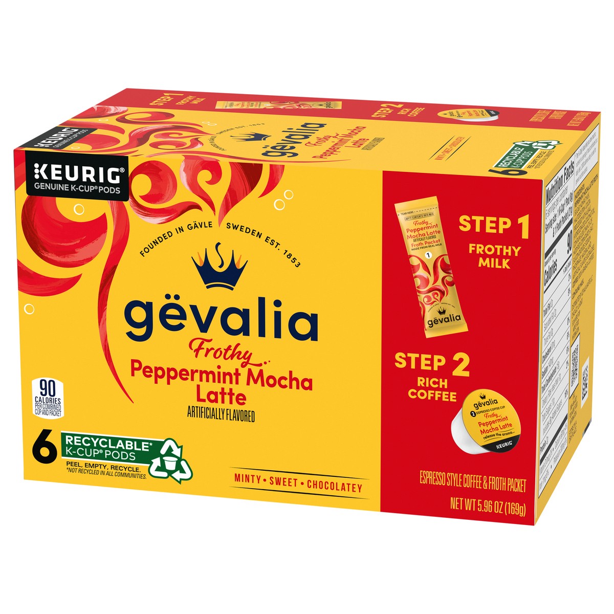 slide 11 of 14, Gevalia Frothy 2-Step Peppermint Mocha Latte Espresso K‐Cup Coffee Pods & Froth Packets, 6 ct. Box, 5.95 oz