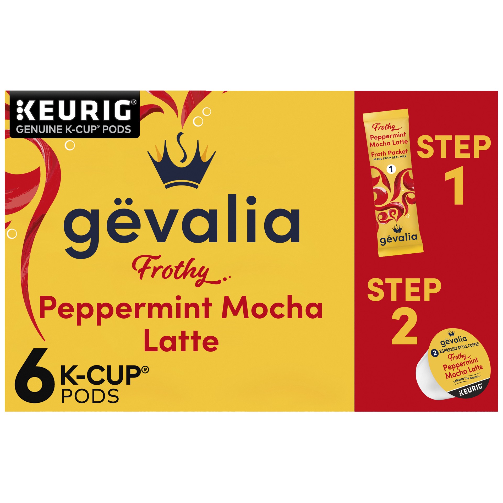 slide 1 of 14, Gevalia Frothy 2-Step Peppermint Mocha Latte Espresso K‐Cup Coffee Pods & Froth Packets, 6 ct. Box, 5.95 oz