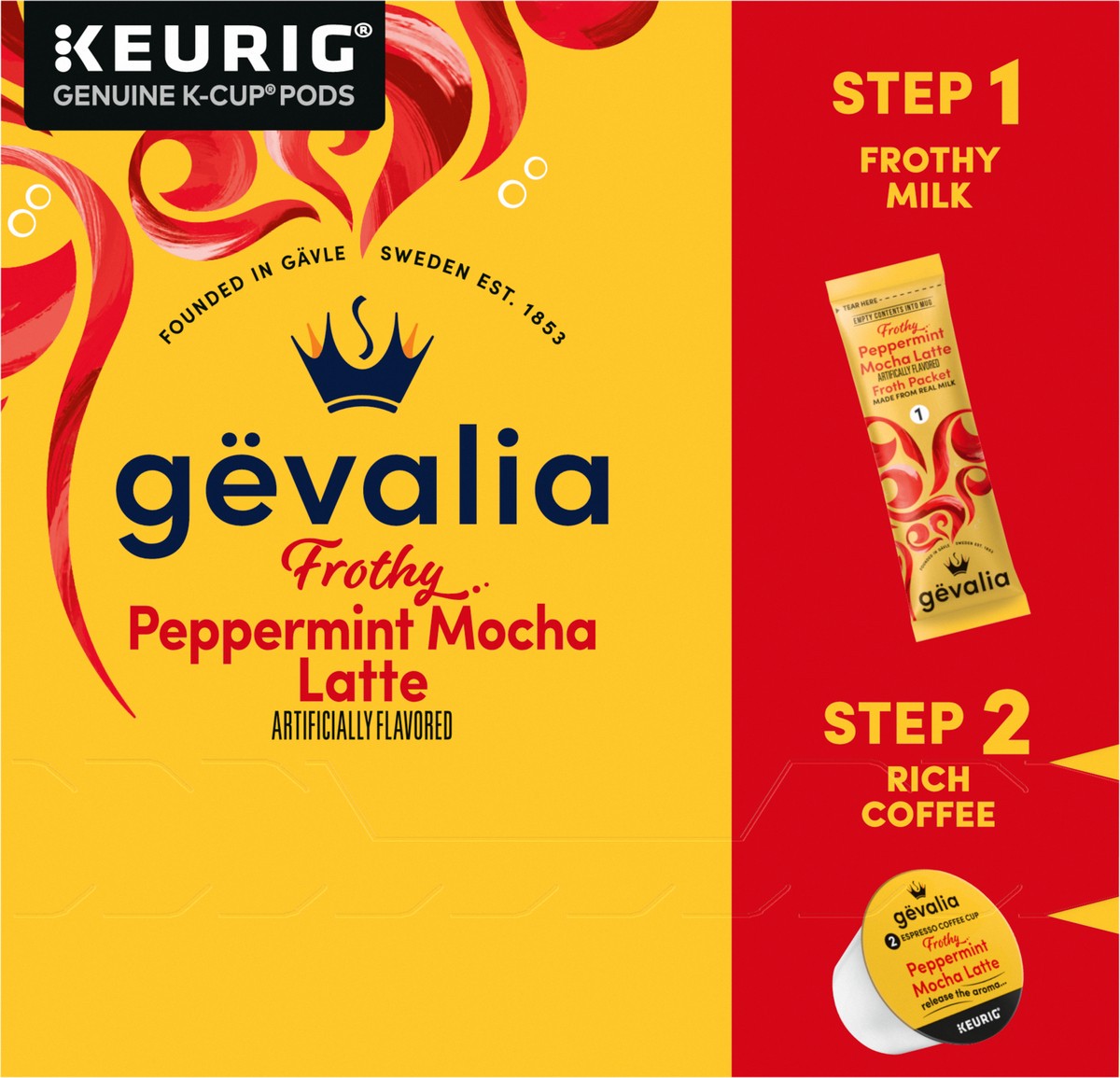 slide 4 of 14, Gevalia Frothy 2-Step Peppermint Mocha Latte Espresso K‐Cup Coffee Pods & Froth Packets, 6 ct. Box, 5.95 oz