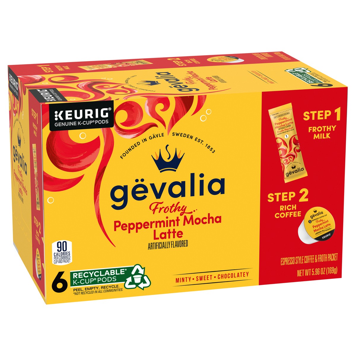 slide 8 of 14, Gevalia Frothy 2-Step Peppermint Mocha Latte Espresso K‐Cup Coffee Pods & Froth Packets, 6 ct. Box, 5.95 oz