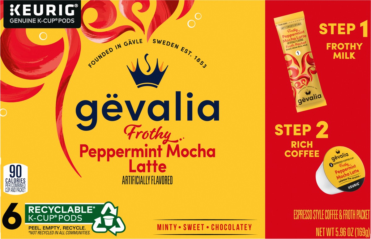 slide 10 of 14, Gevalia Frothy 2-Step Peppermint Mocha Latte Espresso K‐Cup Coffee Pods & Froth Packets, 6 ct. Box, 5.95 oz