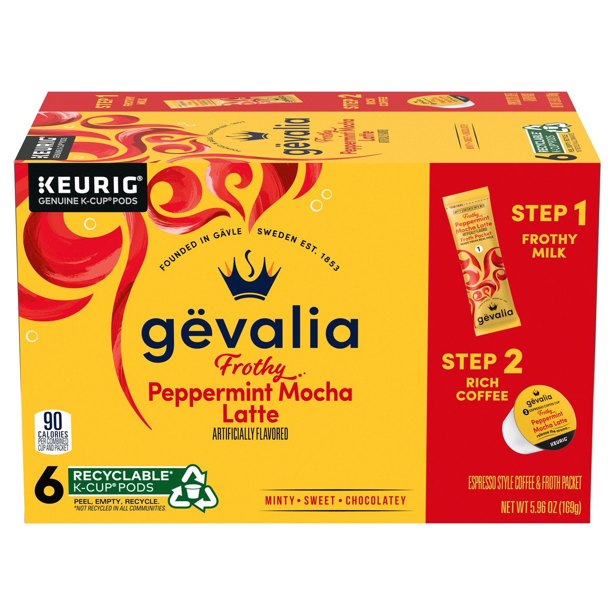 slide 3 of 14, Gevalia Frothy 2-Step Peppermint Mocha Latte Espresso K‐Cup Coffee Pods & Froth Packets, 6 ct. Box, 5.95 oz