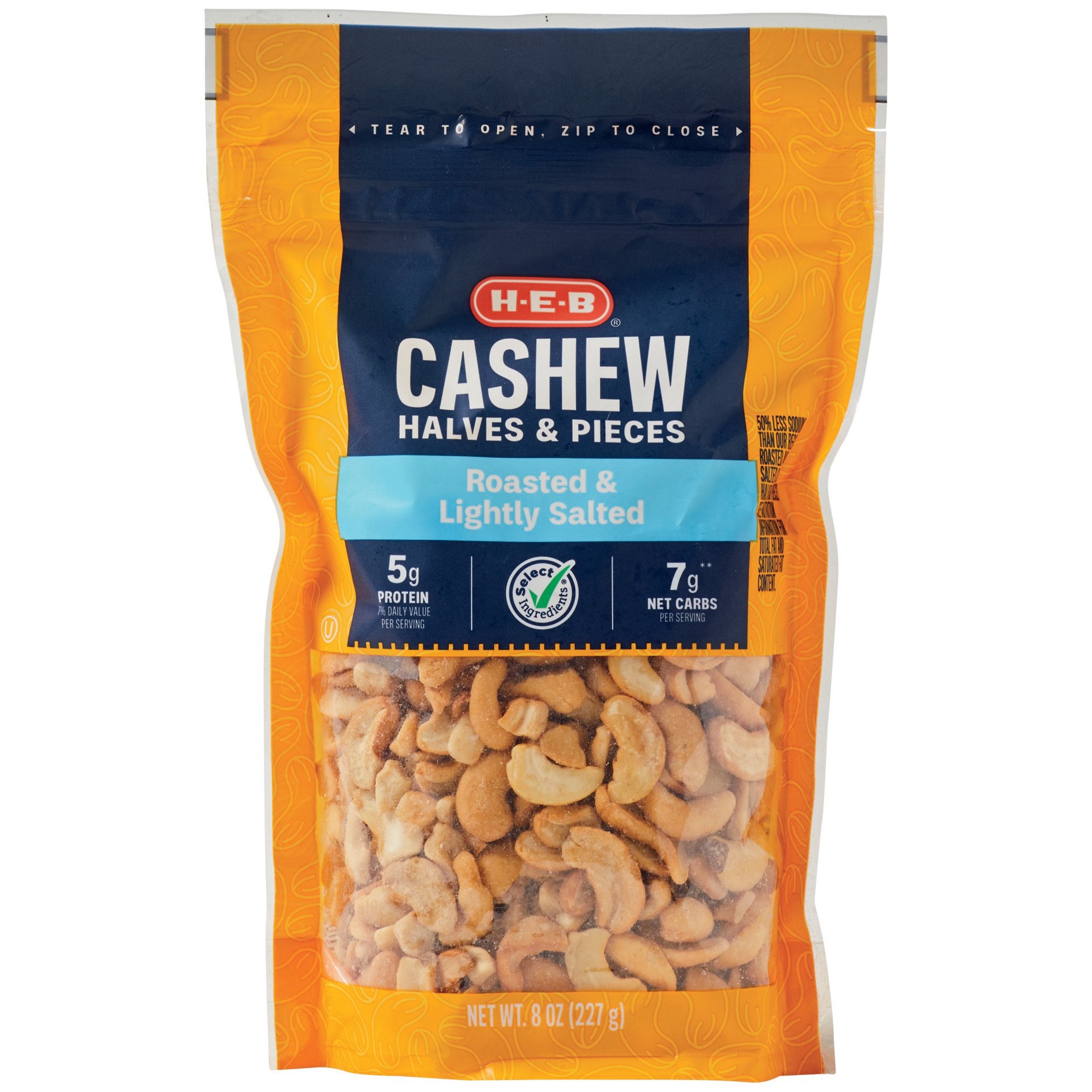 slide 1 of 1, H-E-B Lightly Salted Roasted Cashew Halves & Pieces, 8 oz