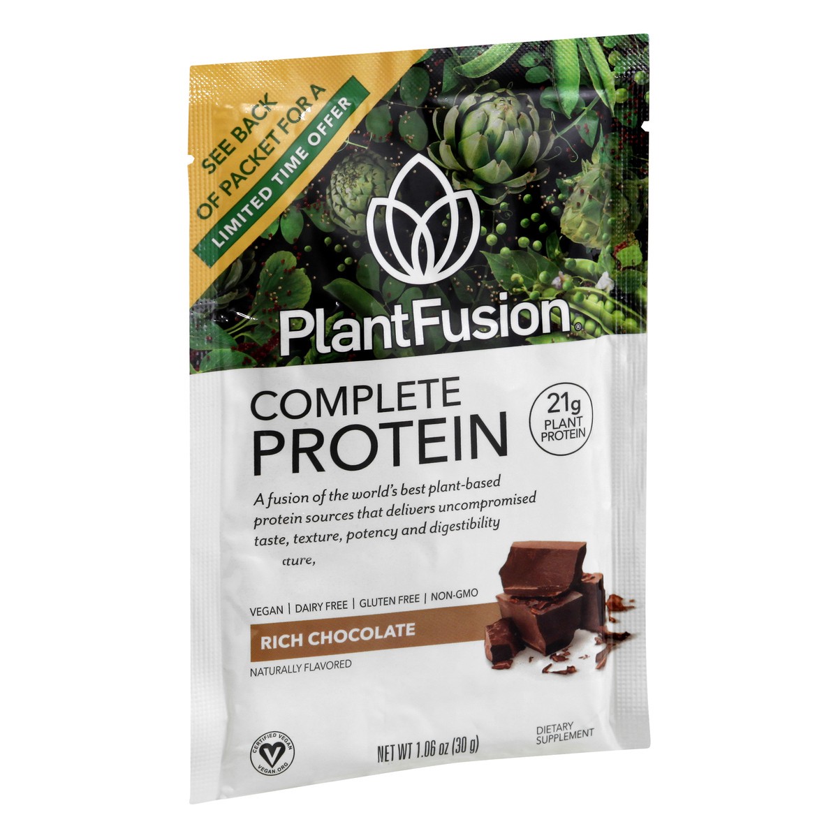 slide 8 of 9, PlantFusion Complete Plant Protein Powder Rich Chocolate Flavor Single Packet, 1.06 oz