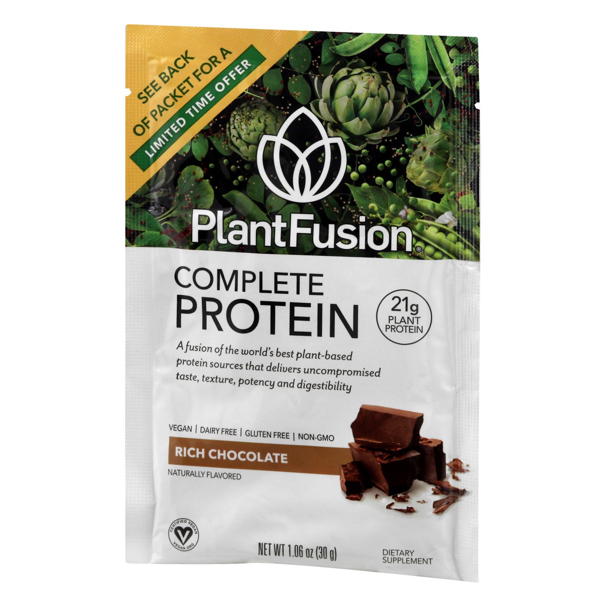 slide 2 of 9, PlantFusion Complete Plant Protein Powder Rich Chocolate Flavor Single Packet, 1.06 oz