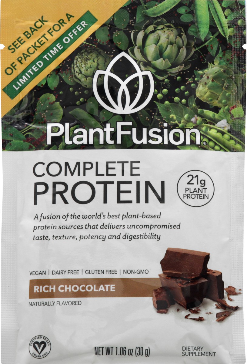 slide 3 of 9, PlantFusion Complete Plant Protein Powder Rich Chocolate Flavor Single Packet, 1.06 oz