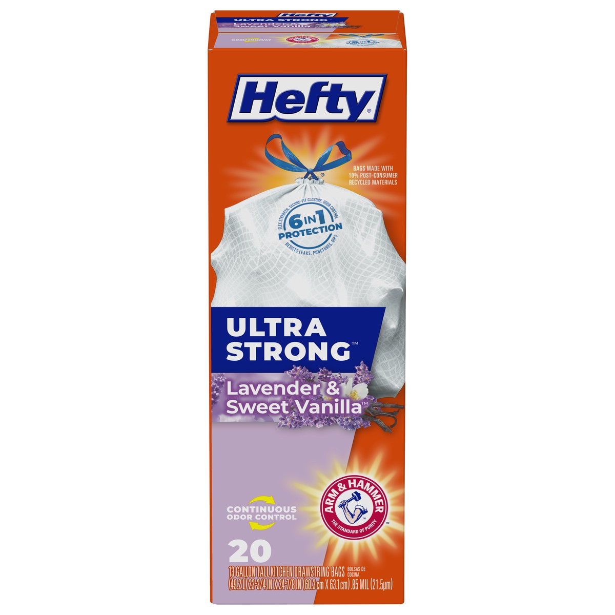 slide 1 of 9, Hefty Ultra Strong 13 Gallon Drawstring Lavender Sweet Vanilla Tall Kitchen Bags Bag 20 ea, 20 ct