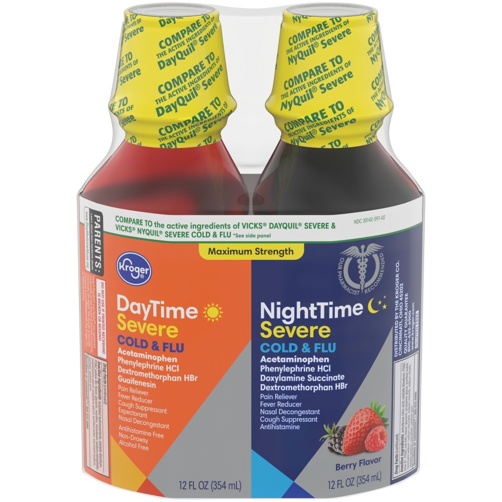 slide 1 of 1, Kroger Berry Flavored Severe Cold & Flu Daytime & Nighttime Liquid, 2 ct; 12 fl oz