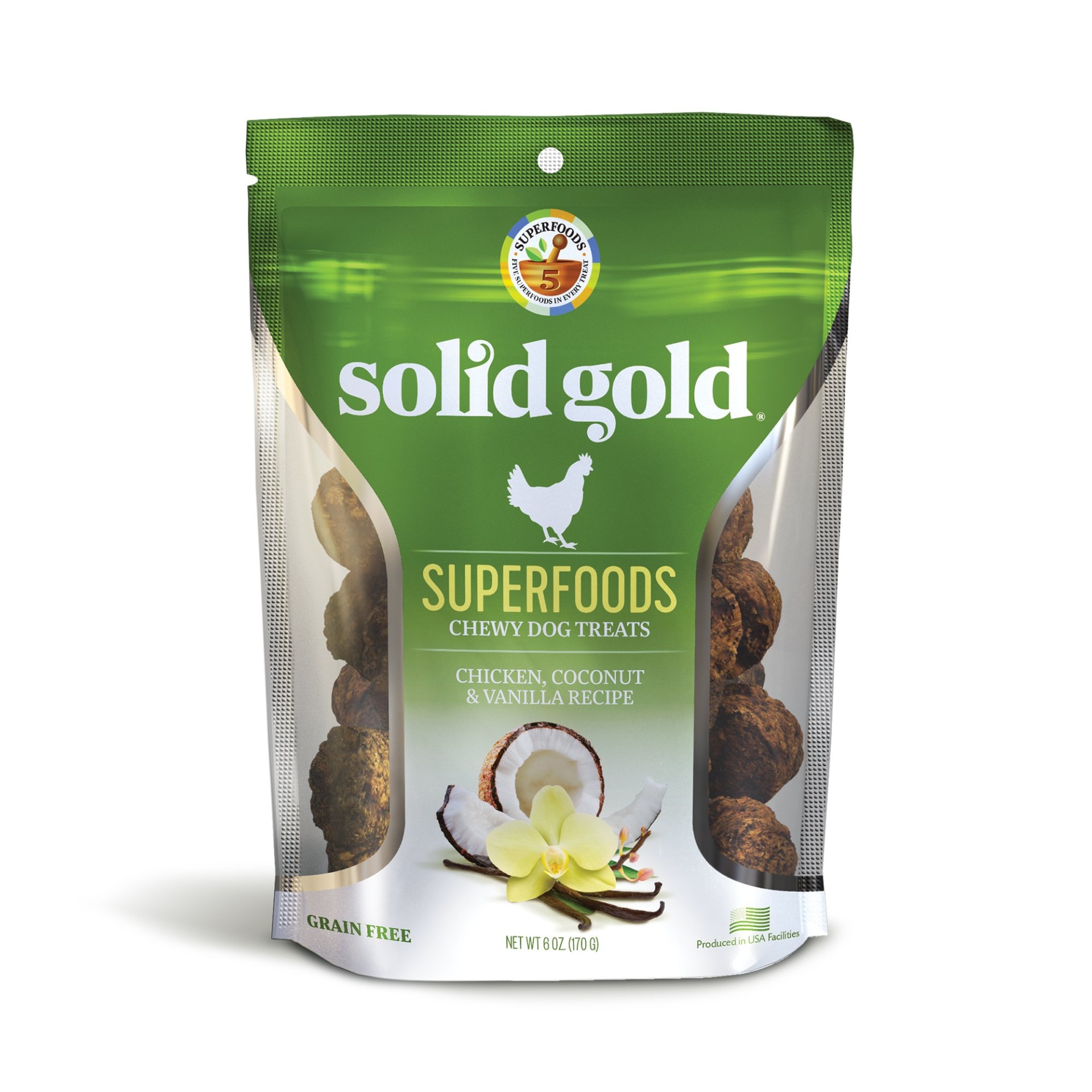 slide 1 of 1, Solid Gold Grain Free Chicken, Coconut & Vanilla Natural Chewy Dog Treats, 6 oz