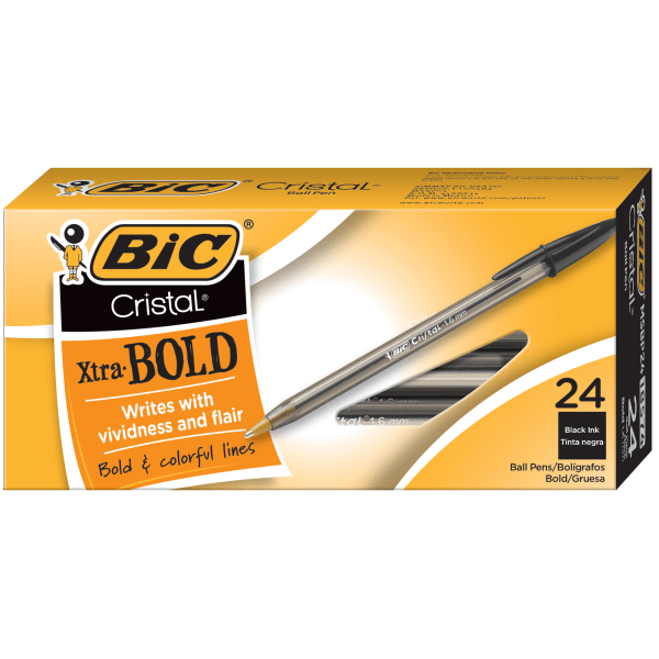 slide 1 of 3, BIC Cristal Extra Bold Point Black Ballpoint Pens, 24 ct; 1.6 mm