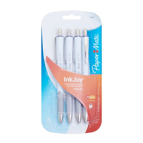 slide 1 of 5, Paper Mate Inkjoy 700Rt Retractable Ballpoint Pens, Medium Point, 1.0 Mm, White Barrels, Blue Ink, Pack Of 4, 4 ct