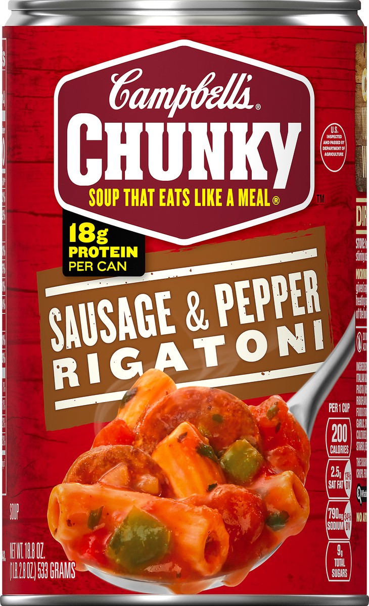 slide 2 of 13, Campbell's Chunky Soup, Sausage & Pepper Rigatoni Soup, 18.8 Ounce Can, 18.8 oz