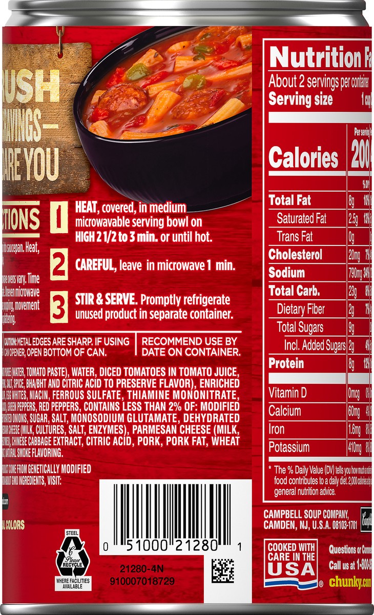 slide 5 of 13, Campbell's Chunky Soup, Sausage & Pepper Rigatoni Soup, 18.8 Ounce Can, 18.8 oz