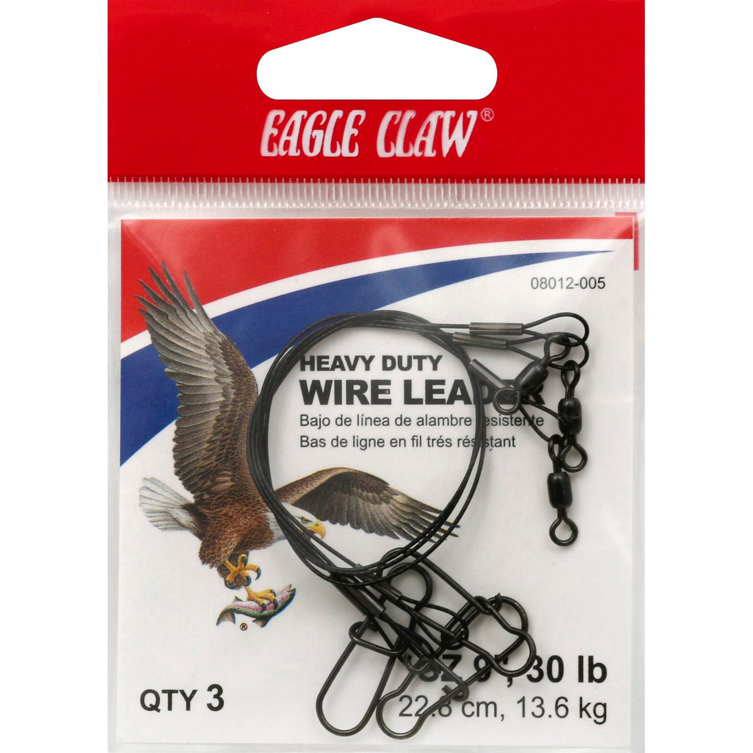 slide 1 of 1, Eagle Claw Heavy Duty Wire Leader 9", 30 lb, 3 ct