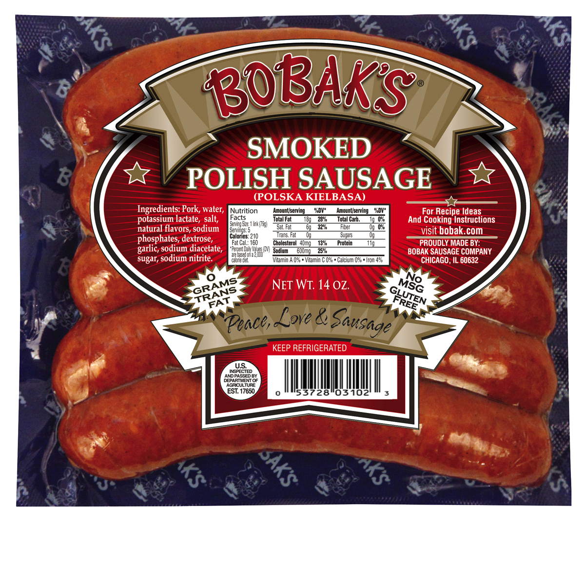 slide 1 of 1, Bobaks Smoked Polish Sausage, 14 oz