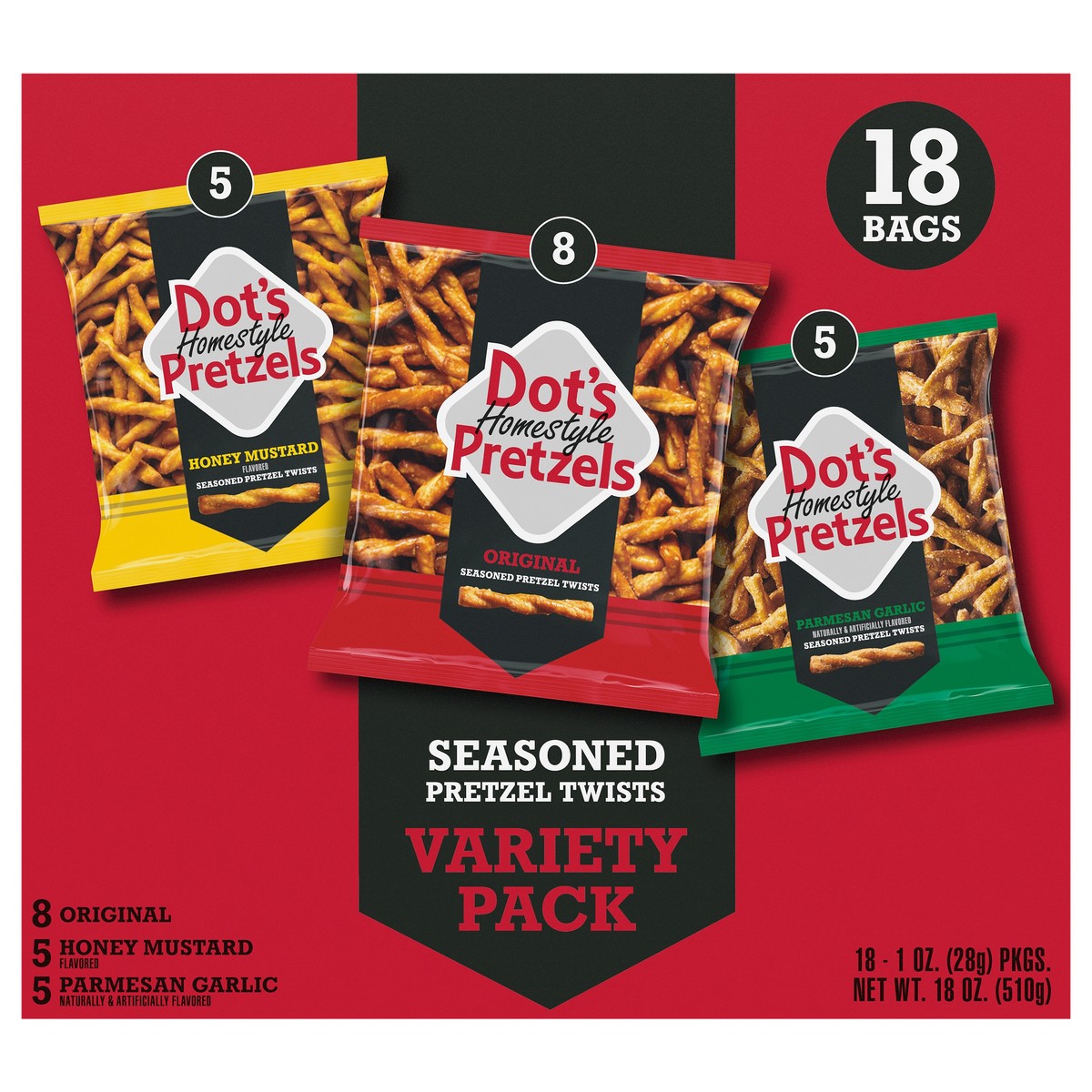 slide 1 of 12, Dot's Homestyle Pretzels Seasoned Original/Honey Mustard/Parmesan Garlic Pretzel Twist, 18 x 1 oz Packs, 18 ct