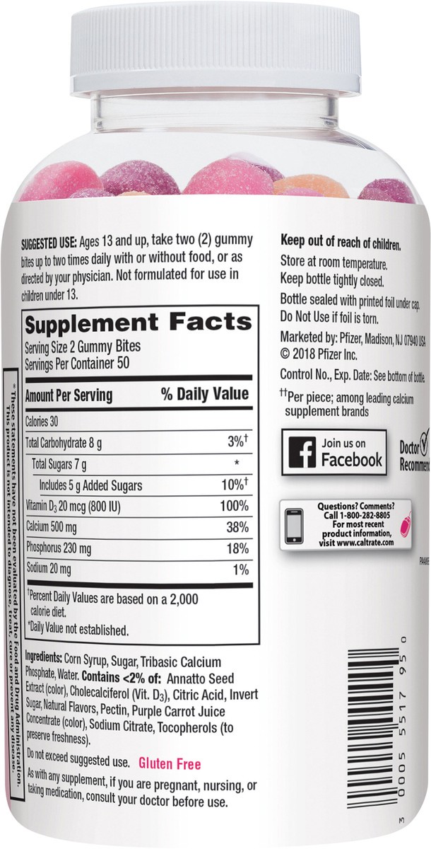 slide 3 of 7, Caltrate Gummy Bites 500 mg Calcium and Vitamin D Supplement, Black Cherry, Strawberry, Orange - 100 Count, 100 ct