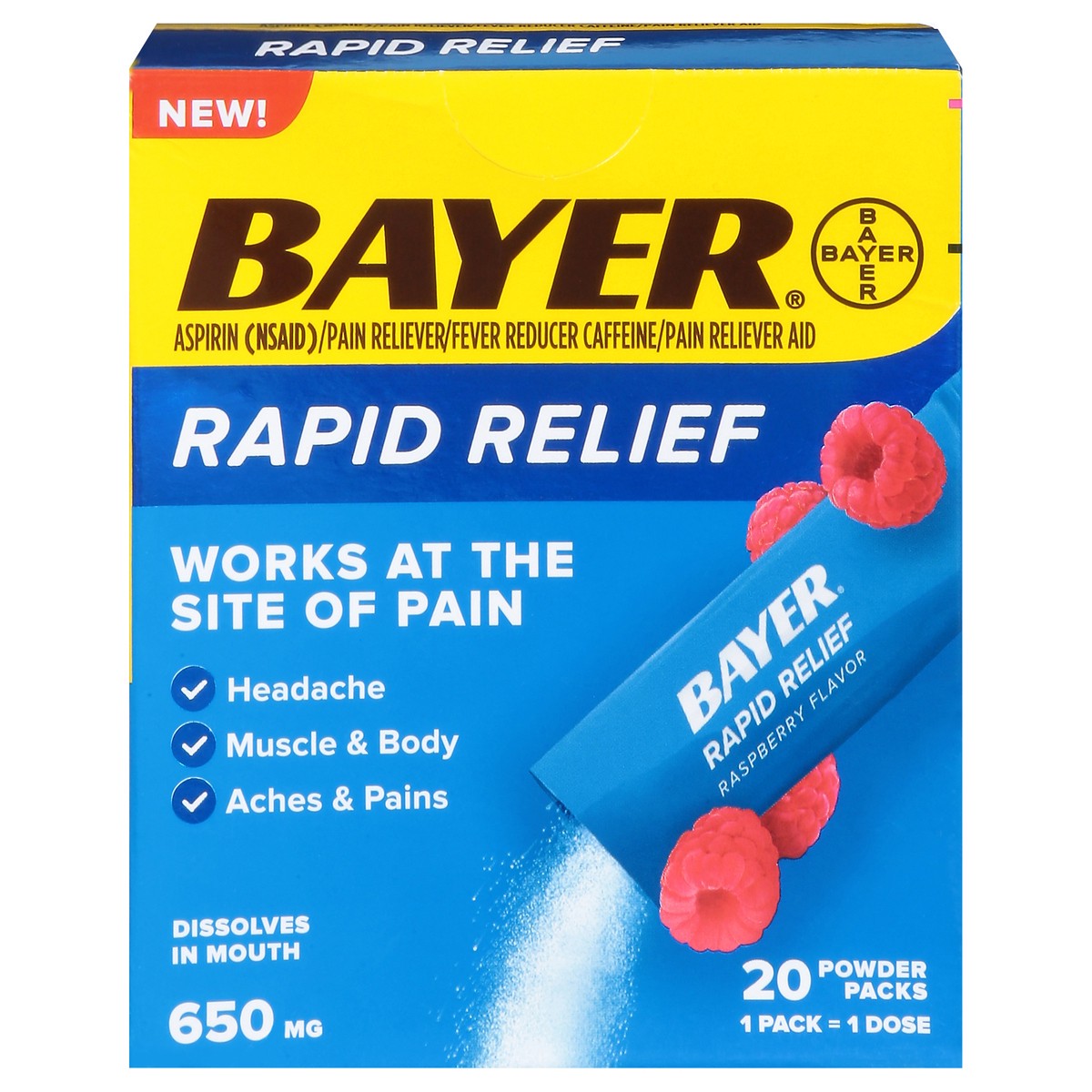 slide 8 of 15, Bayer 650 mg Raspberry Flavor Rapid Relief 20 Powder Packs, 20 ct