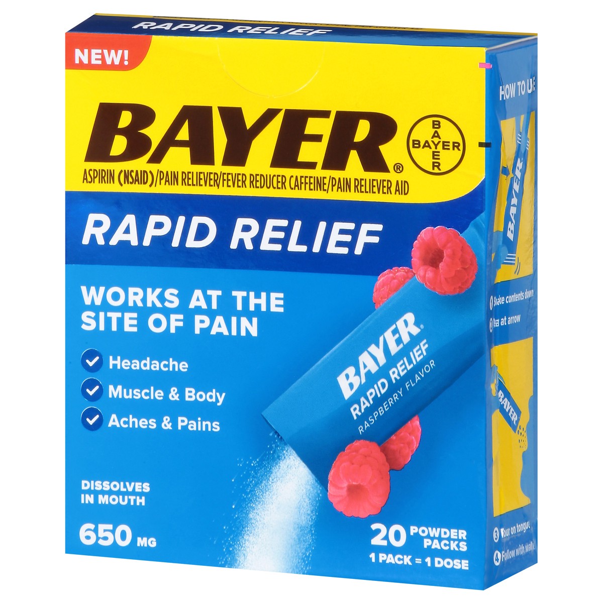 slide 3 of 15, Bayer 650 mg Raspberry Flavor Rapid Relief 20 Powder Packs, 20 ct