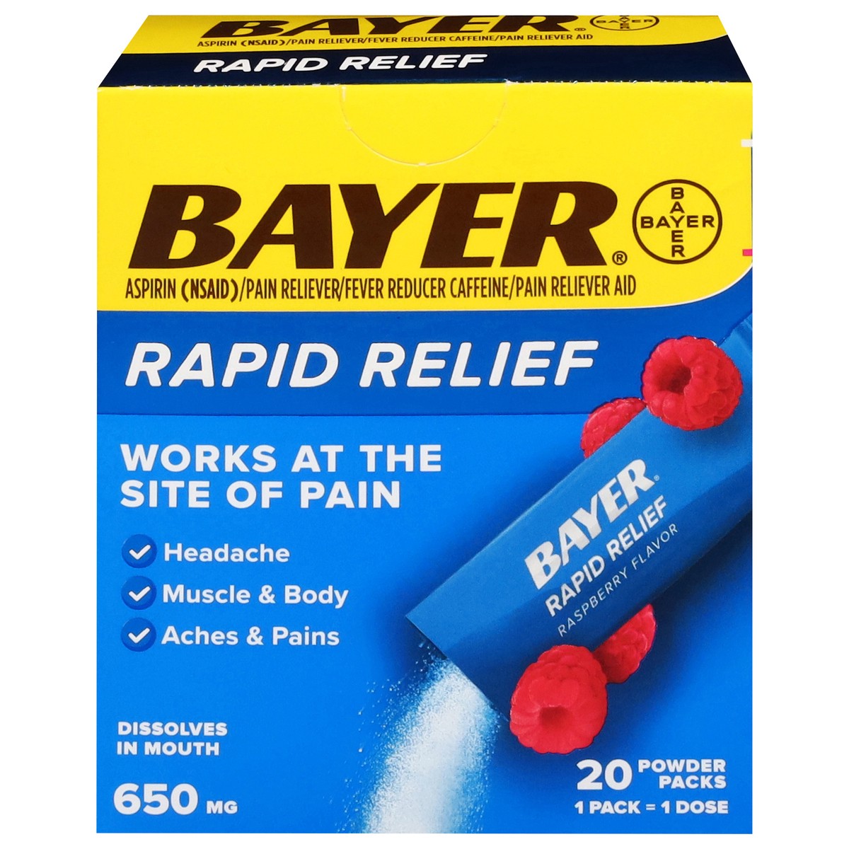 slide 1 of 15, Bayer 650 mg Raspberry Flavor Rapid Relief 20 Powder Packs, 20 ct
