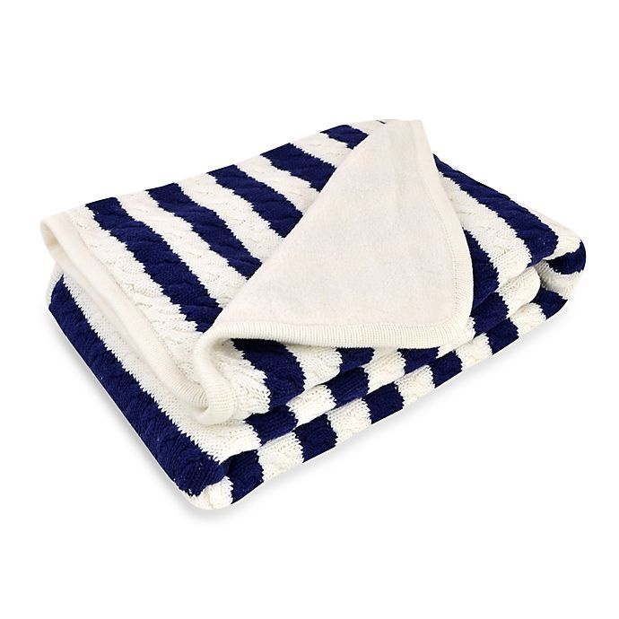 slide 1 of 1, Just Born Awning Stripe Cable Knit Blanket - Navy/White, 1 ct