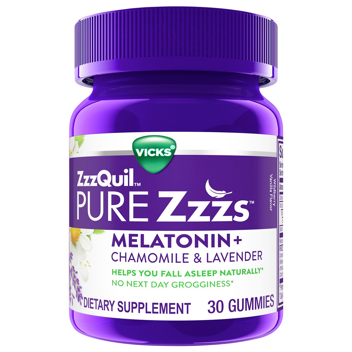 slide 2 of 5, Vicks ZzzQuil PURE Zzzs Melatonin Sleep Aid Gummies, Helps You Fall Asleep Naturally, Wildberry Vanilla Flavor, Chamomile Lavender & Valerian Root, 1mg per gummy, 30 Count, 30 ct