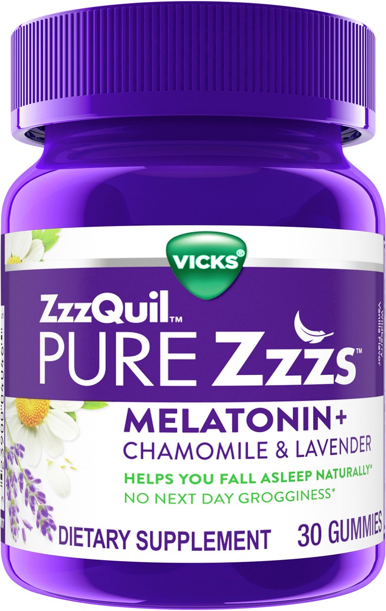 slide 3 of 5, Vicks ZzzQuil PURE Zzzs Melatonin Sleep Aid Gummies, Helps You Fall Asleep Naturally, Wildberry Vanilla Flavor, Chamomile Lavender & Valerian Root, 1mg per gummy, 30 Count, 30 ct