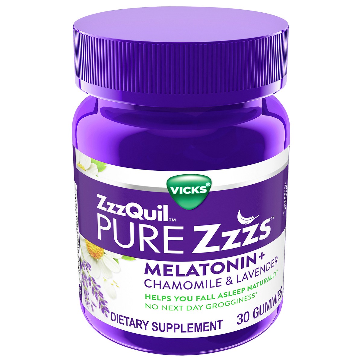 slide 1 of 5, Vicks ZzzQuil PURE Zzzs Melatonin Sleep Aid Gummies, Helps You Fall Asleep Naturally, Wildberry Vanilla Flavor, Chamomile Lavender & Valerian Root, 1mg per gummy, 30 Count, 30 ct