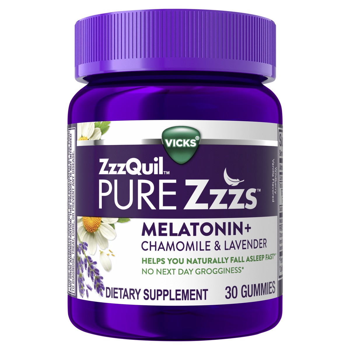 slide 1 of 5, Vicks ZzzQuil PURE Zzzs Melatonin Gummies, Sleep Aid, Melatonin 2mg, with Chamomile & Lavender, Melatonin Sleep Gummies, Sleep Aids for Adults, Wildberry Vanilla Flavored, 30 Sleep Gummies, 30 ct