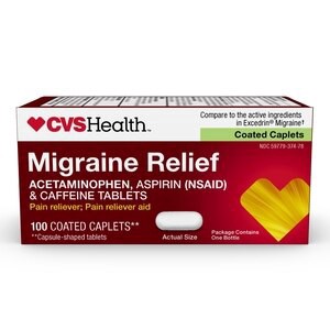 slide 1 of 1, CVS Health Migraine Relief Acetaminophen Aspirin (Nsaid) & Caffeine Tablets, 100 Ct, 1 ct