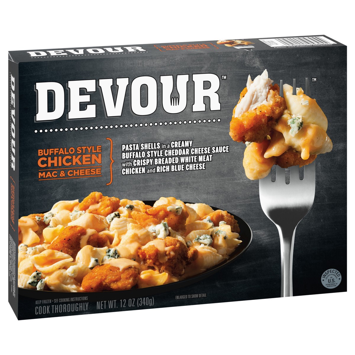 slide 8 of 9, DEVOUR Buffalo Style Chicken Mac & Cheese with Buffalo Cheddar Cheese Sauce & Blue Cheese Frozen Meal, 12 oz Box, 12 oz