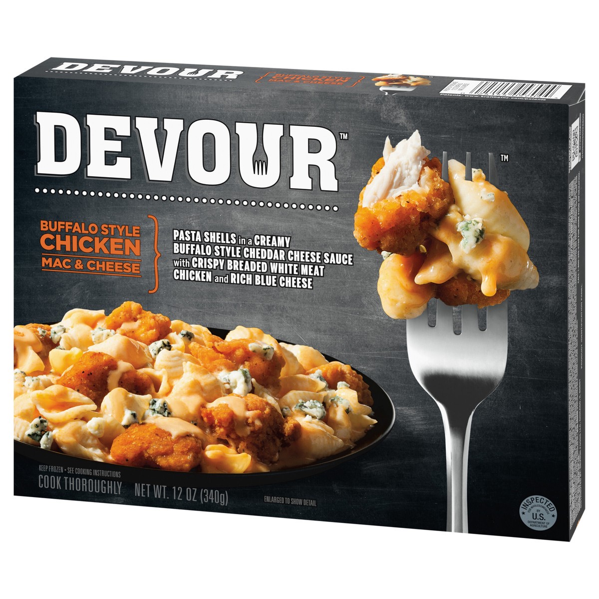 slide 6 of 9, DEVOUR Buffalo Style Chicken Mac & Cheese with Buffalo Cheddar Cheese Sauce & Blue Cheese Frozen Meal, 12 oz Box, 12 oz