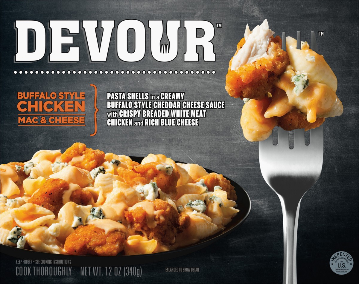 slide 7 of 9, DEVOUR Buffalo Style Chicken Mac & Cheese with Buffalo Cheddar Cheese Sauce & Blue Cheese Frozen Meal, 12 oz Box, 12 oz