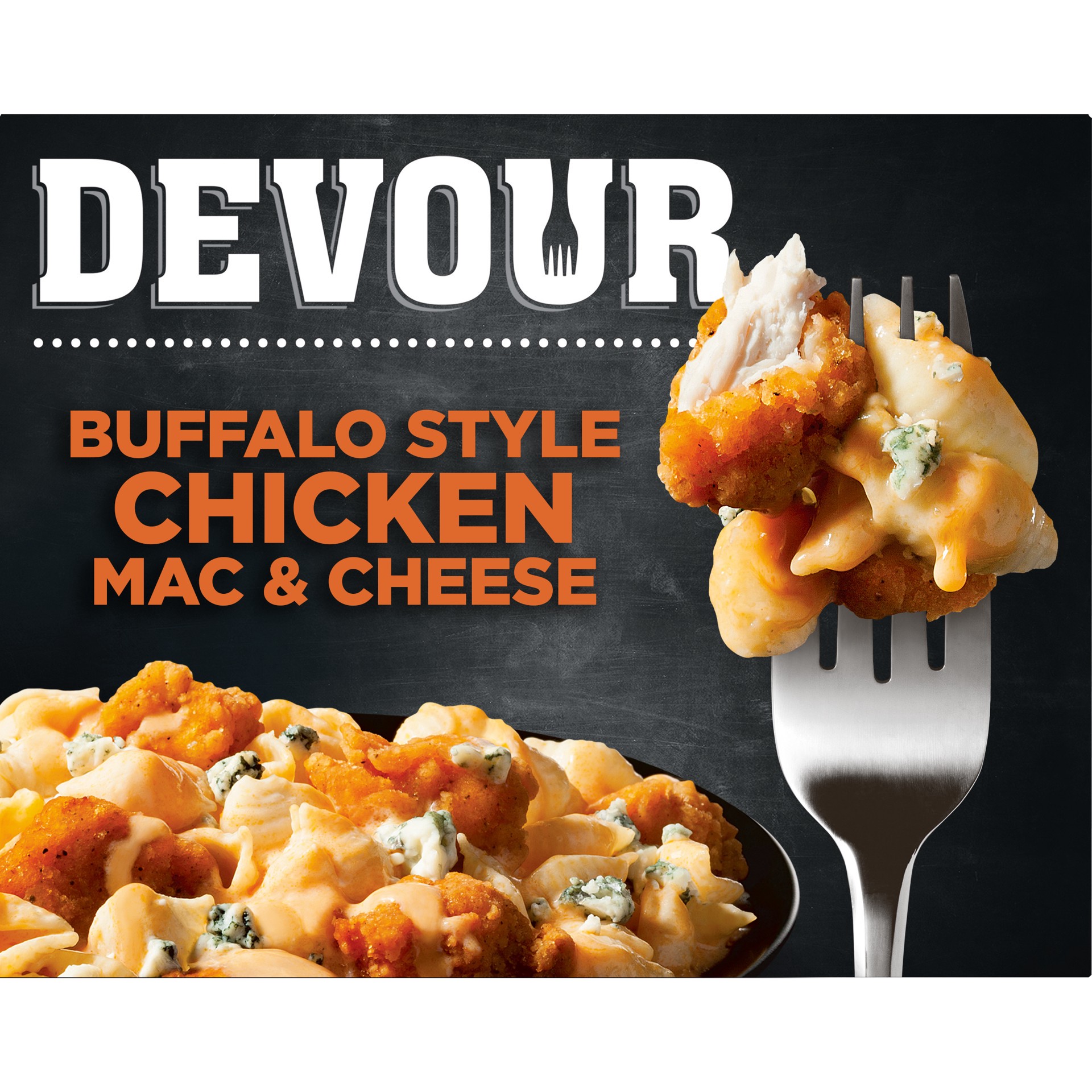 slide 1 of 9, DEVOUR Buffalo Style Chicken Mac & Cheese with Buffalo Cheddar Cheese Sauce & Blue Cheese Frozen Meal, 12 oz Box, 12 oz
