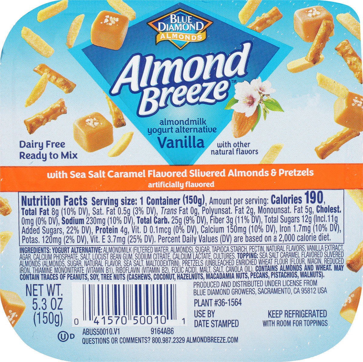 slide 5 of 9, Almond Breeze Blue Diamond Almond Breeze Vanilla Caramel Slivered Almonds & Pretzel Sticks Almondmilk Yogurt 5.3 oz. Cup, 5.3 oz