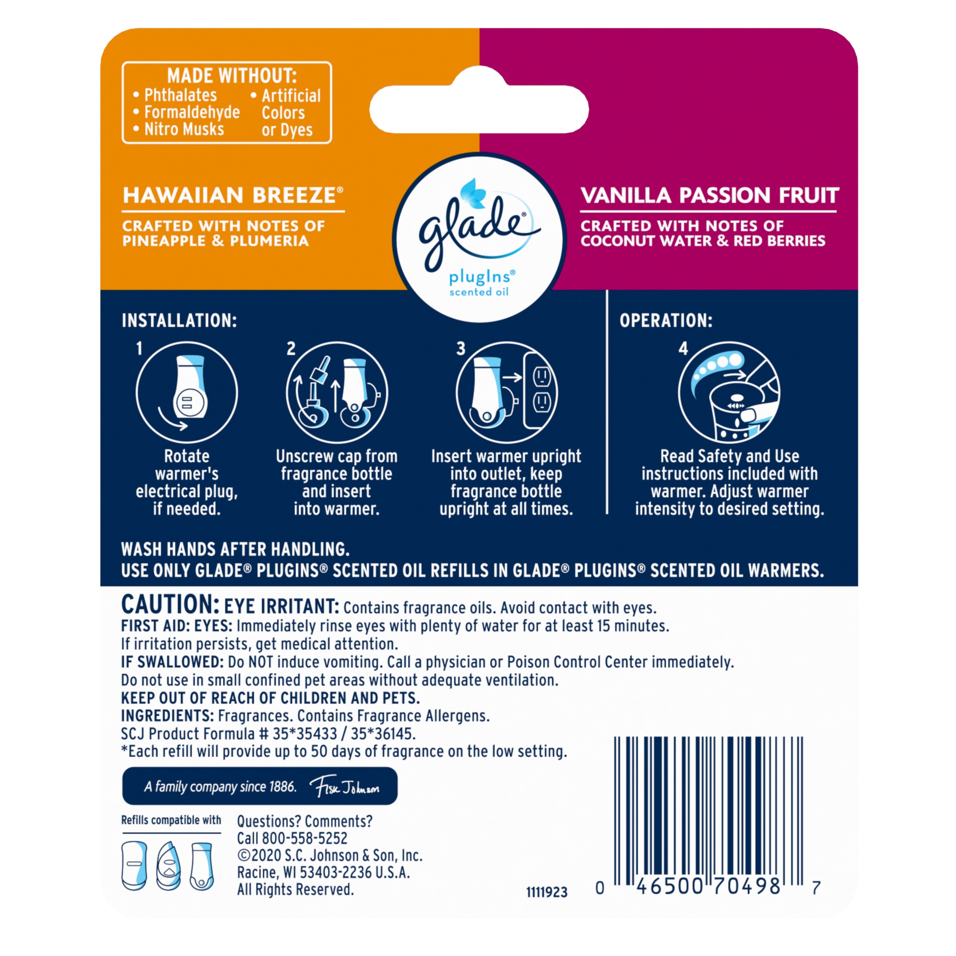 slide 2 of 7, Glade PlugIns Scented Oil Air Freshener Refill, Hawaiian Breeze & Vanilla Passion Fruit, 2 ct; 1.34 oz