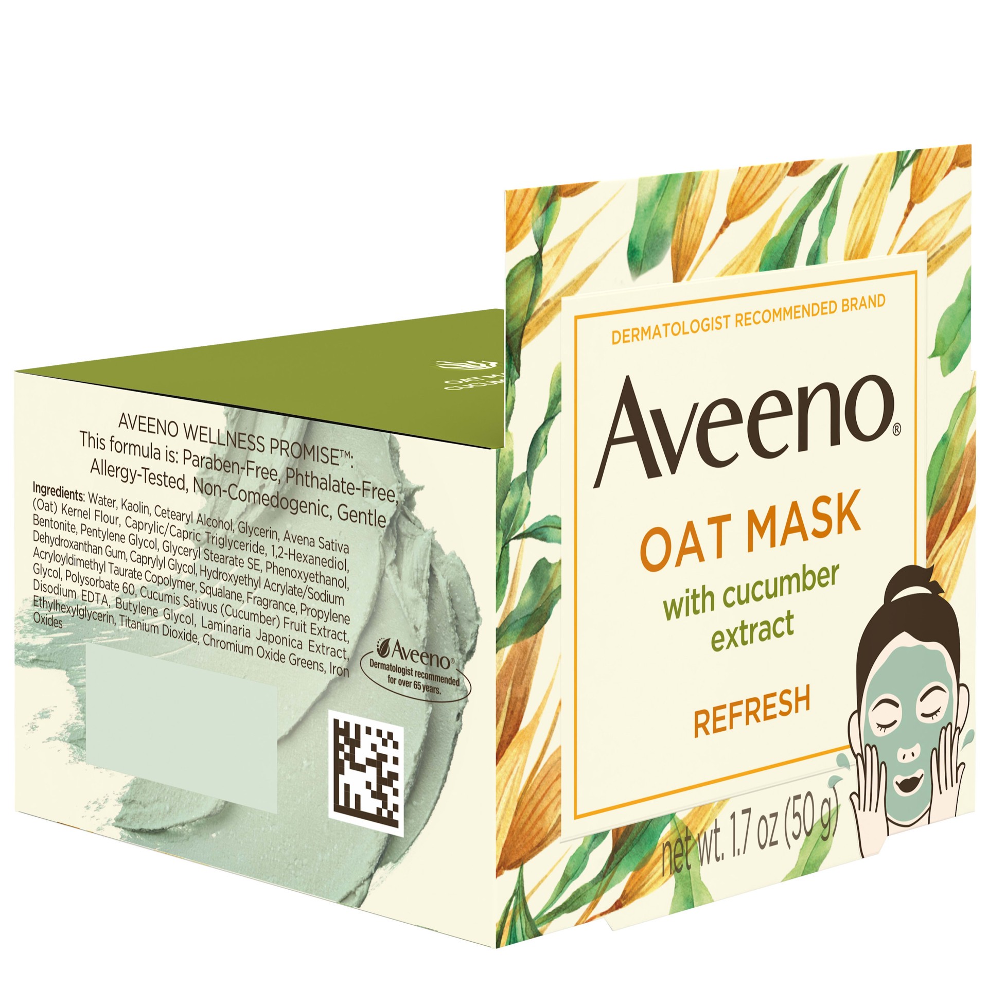 slide 4 of 5, Aveeno Oat Face Mask with Cucumber Extract, Seaweed & Prebiotic Oat, Hydrating Full Face Mask for Refreshed Skin, Paraben Free, Phthalate-Free, Non-Comedogenic & Allergy-Tested, 1.7 oz, 1.7 oz