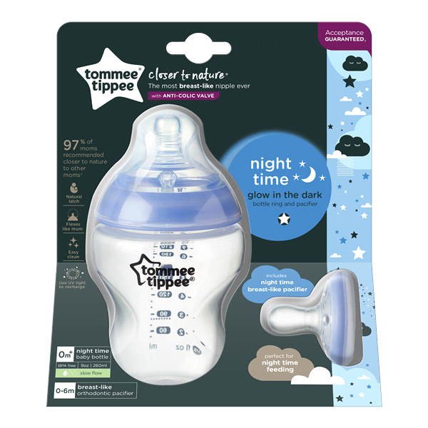 slide 1 of 1, Tommee Tippee Closer to Nature Night-time Baby Bottle & Breast-Like Pacifier, Glow in the Dark Rings, 1 ct