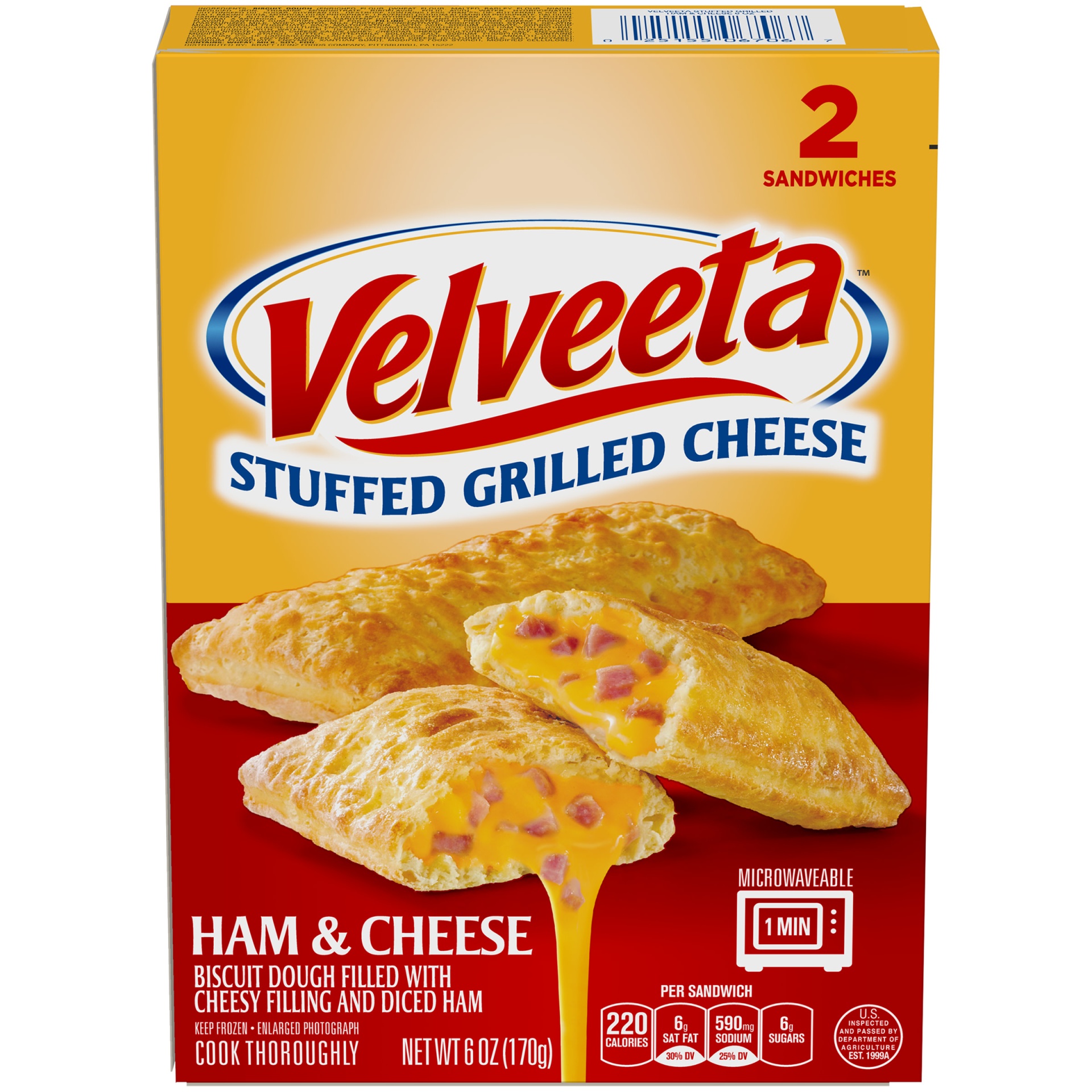 slide 1 of 1, Velveeta Ham & Cheese Stuffed Grilled Cheese Sandwiches with Biscuit Dough & Velvetta Cheese Frozen Snacks, 6 oz