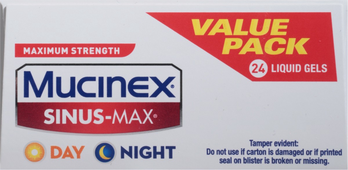 slide 4 of 12, Mucinex Sinus-Max Day/Night Liquid Gels, Maximum Strength, 24 ct