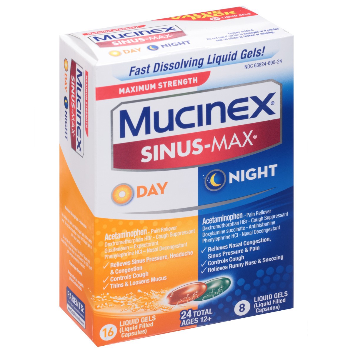 slide 12 of 12, Mucinex Sinus-Max Day/Night Liquid Gels, Maximum Strength, 24 ct