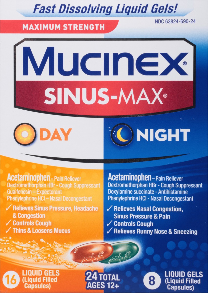 slide 9 of 12, Mucinex Sinus-Max Day/Night Liquid Gels, Maximum Strength, 24 ct