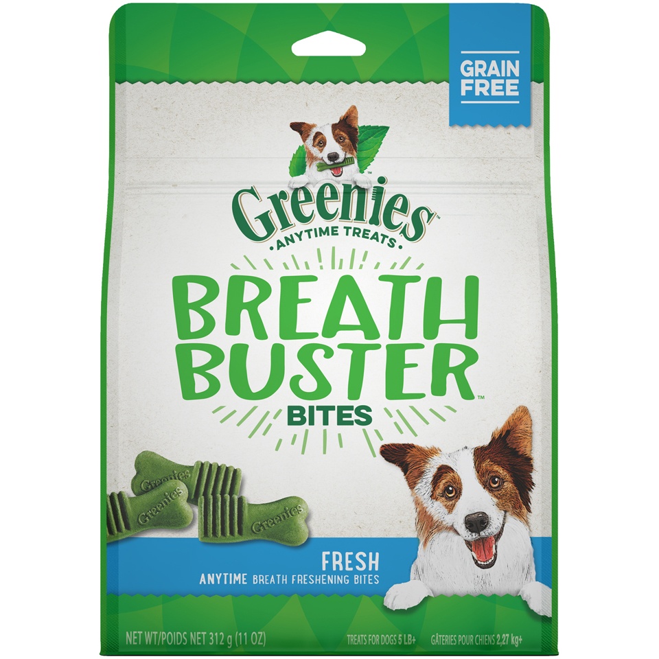 slide 1 of 1, GREENIES BREATH BUSTER Bites Fresh Flavor Treats for Dogs, 11 oz