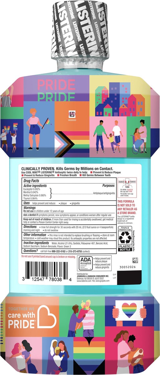 slide 2 of 5, Listerine Cool Mint Antiseptic Mouthwash to Kill 99% of Germs that Cause Bad Breath, Plaque and Gingivitis, Cool Mint Flavor, Special Care with Pride Packaging, 1 L, 1 liter