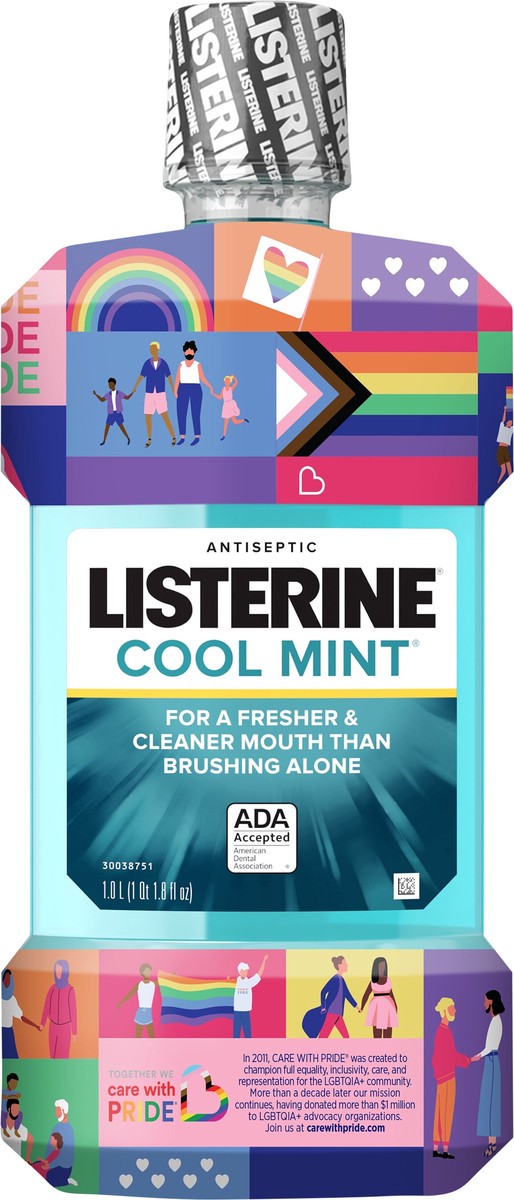 slide 3 of 5, Listerine Cool Mint Antiseptic Mouthwash to Kill 99% of Germs that Cause Bad Breath, Plaque and Gingivitis, Cool Mint Flavor, Special Care with Pride Packaging, 1 L, 1 liter