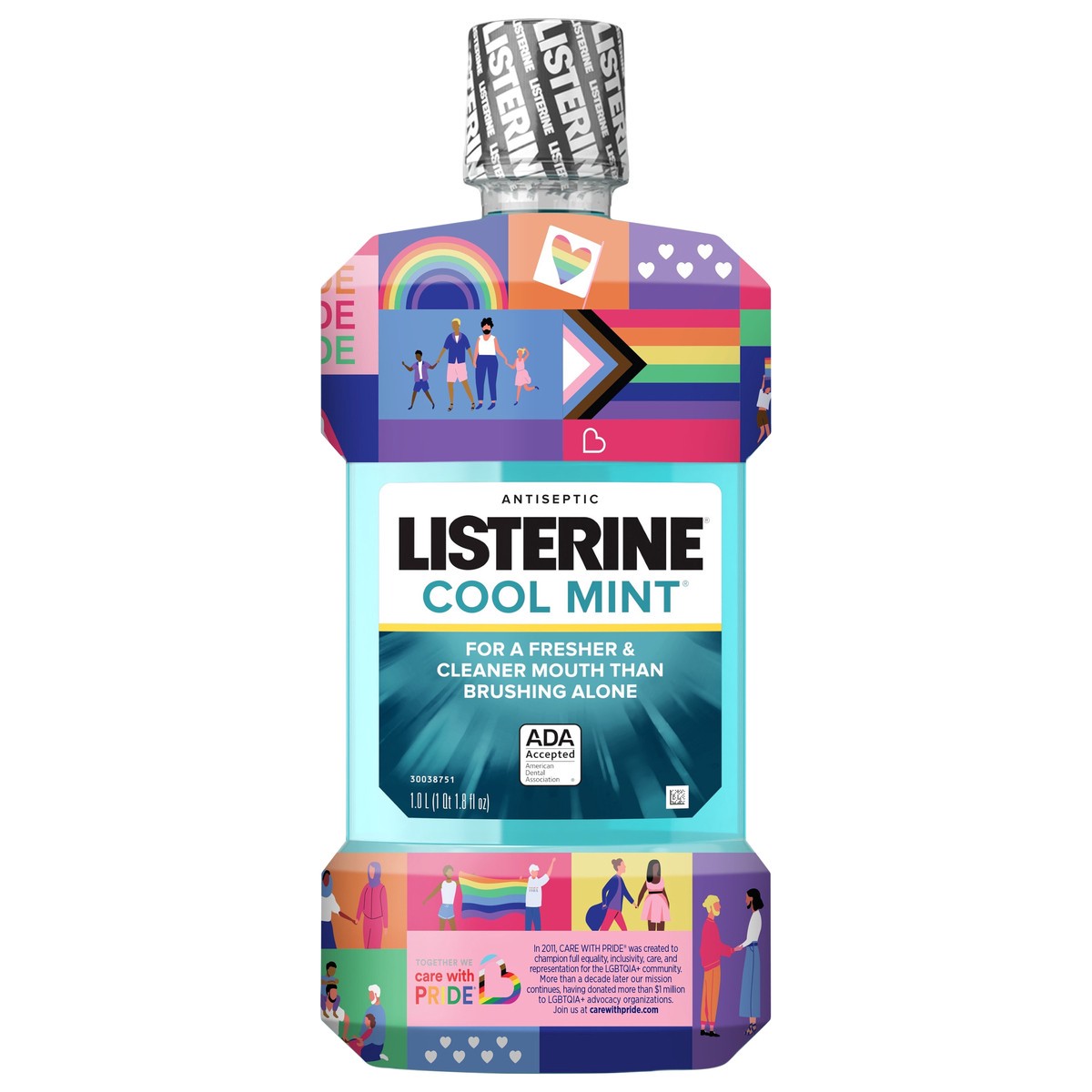 slide 1 of 5, Listerine Cool Mint Antiseptic Mouthwash to Kill 99% of Germs that Cause Bad Breath, Plaque and Gingivitis, Cool Mint Flavor, Special Care with Pride Packaging, 1 L, 1 liter