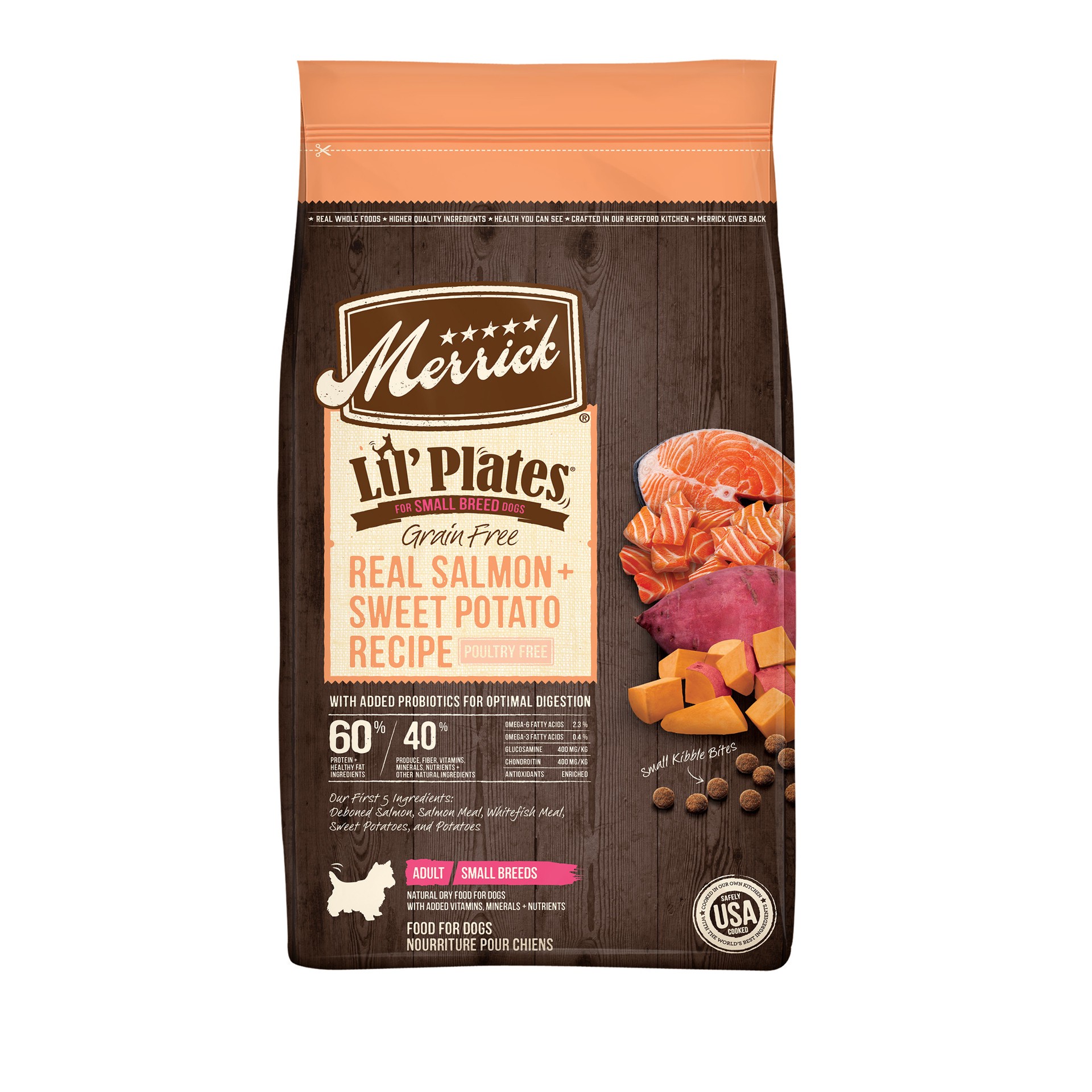 slide 1 of 5, Merrick Lil' Plates Premium Grain Free Dry Dog Food for Small Dogs, Real Salmon and Sweet Potato Kibble, 4 lb