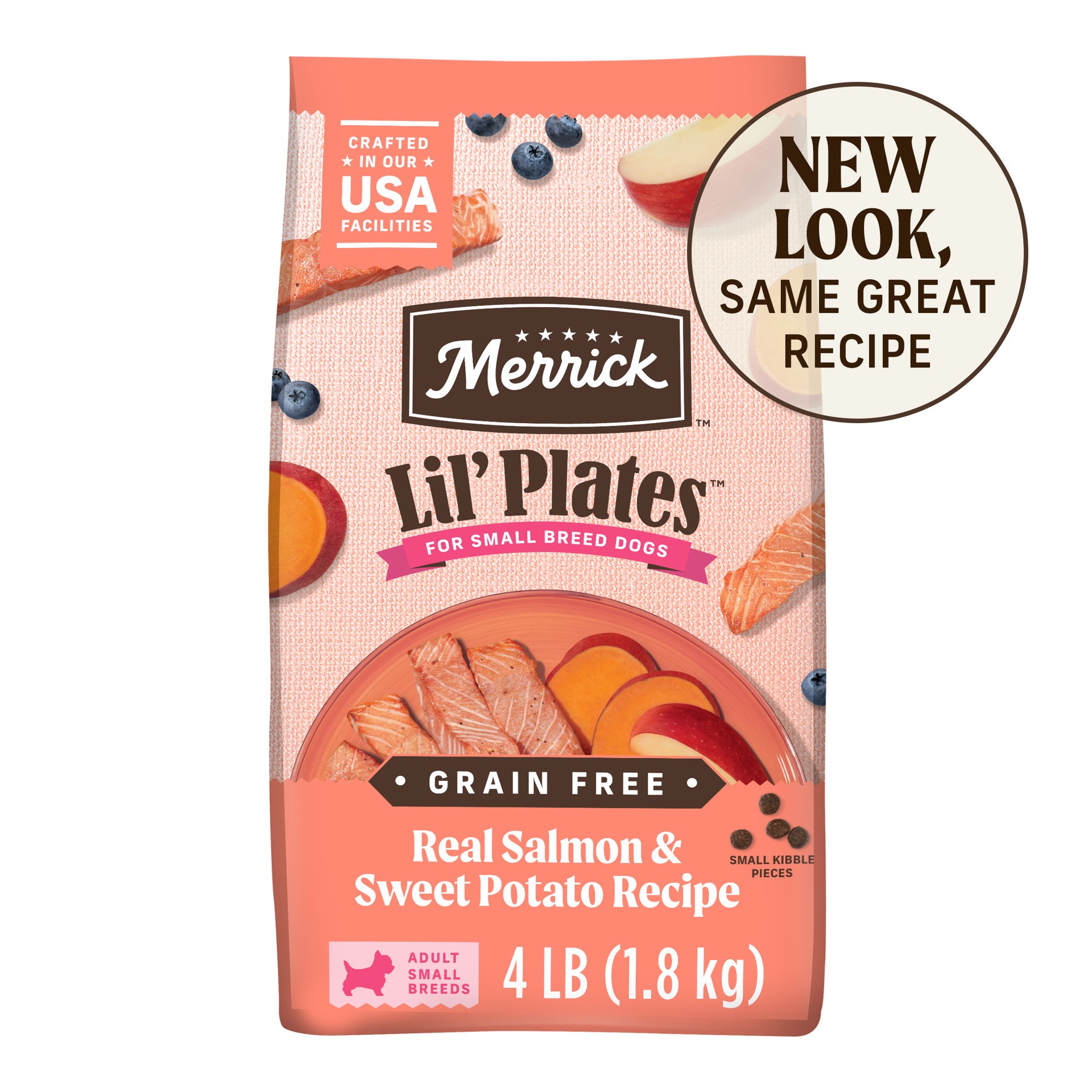 slide 1 of 5, Merrick Lil'' Plates Premium Grain Free Dry Dog Food for Small Dogs, Real Salmon and Sweet Potato Kibble, 4 lb