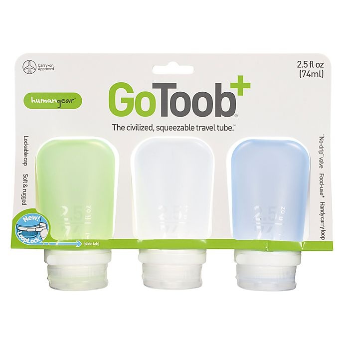 slide 3 of 3, Humangear GoToob GoToob+ Medium Squeezable Travel Bottle with Locking Cap - Clear/Green/Blue, 3 ct