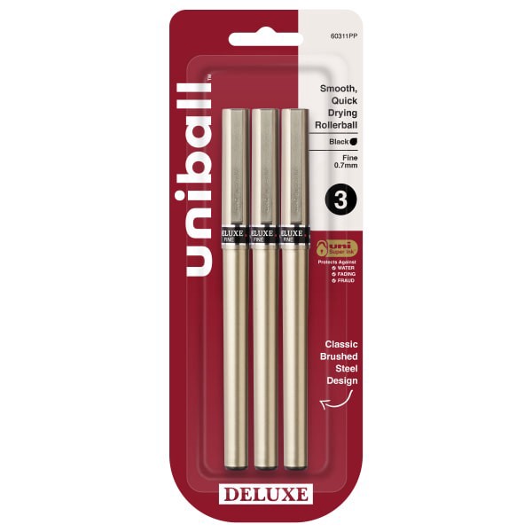 slide 1 of 8, uni-ball Deluxe Rollerball Pens, Fine Point, Graphite Barrel, Black Ink, Pack Of 3, 3 ct
